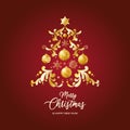 Merry Christmas and Happy New Year greeting card with stylized golden christmas tree on a red background Royalty Free Stock Photo