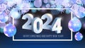 Merry Christmas and Happy New Year 2024 silver winter design template with 3D chrome number, holographic spruce branches