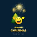 Merry Christmas and Happy New Year! - Smiling Emoji with Christmas Tree and Fireworks - Card with Simple Shiny Happy Emoticon Royalty Free Stock Photo