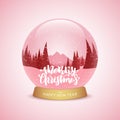 Merry Christmas and Happy New Year. Snow globe with winter mountains landscape. Royalty Free Stock Photo