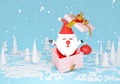 Merry Christmas and Happy New Year snow season. 3d render gifts boxes. Open gift box full with Santa Claus inside. Holiday banner