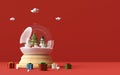 Snowman celebrate Christmas day in a snow globe and Christmas gifts on a red background, 3d Royalty Free Stock Photo