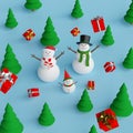 Merry Christmas and Happy New Year, Snowman in pine forest with Christmas gifts