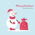 Merry Christmas and Happy New Year!  Snowman wearing a red knitted scarf and a Santa Claus hat. Nearby is a bag with gifts. Symbol Royalty Free Stock Photo