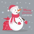 Merry Christmas and Happy New Year!  Snowman wearing a red knitted scarf and a Santa Claus hat. Nearby is a bag with gifts. Symbol Royalty Free Stock Photo