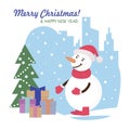 Merry Christmas and Happy New Year! Snowman wearing a red knitted scarf and a Santa Claus hat. Nearby is a bag with gifts. Symbol Royalty Free Stock Photo