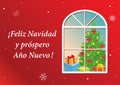 Merry Christmas and Happy New Year on spanish - red vector postcard with new year tree in window Royalty Free Stock Photo
