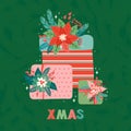 Merry Christmas and Happy New Year square greeting card or banner in retro style. Pile of gifts decorated of fir Royalty Free Stock Photo