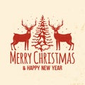 Merry Christmas and Happy New Year stamp, sticker set with elk, forest landscape, christmas tree. Vector illustration Royalty Free Stock Photo