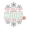 Merry Christmas and Happy New Year stamp, sticker set with Snowflake. Vector. Line art design for xmas, new year emblem Royalty Free Stock Photo