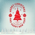 Merry Christmas and Happy New Year stamp, sticker set with snowflakes, hanging christmas ball, tree. Vector. Vintage Royalty Free Stock Photo
