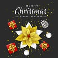 Merry Christmas and Happy New Year. Stylised Poinsettia Gold Flower. Christmas Eve Background. Holiday Flower Star. Gift boxes,