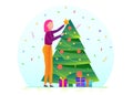 Merry Christmas and Happy New Year templates. Joyful young girl decorate the Christmas tree with balls and a star