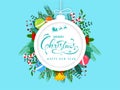 Merry Christmas & Happy New Year text in bauble shape frame decorated with jingle bell, balls, candy cane, holly berry, leaves and Royalty Free Stock Photo