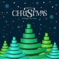 Merry christmas and happy new year - text beween snow falling to green ribbon roll waving christmas tree shape on dark blue