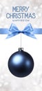 merry christmas and happy new year text with blue ball and ribbon bow