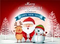 Merry Christmas and happy new year text design with frame and ribbon, Santa Clause and Snow man Royalty Free Stock Photo