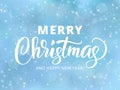 Merry Christmas and Happy New Year text. Holiday greetings quote. Blue blurred background with falling snow effect.