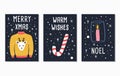 Merry Christmas and Happy new year text lettering card designs with stockings, sweater, bear and decoration. Collection of three Royalty Free Stock Photo