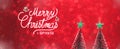 Merry Christmas and happy new year text over xmas tree and green start on red glitter sparkling lights festive background Royalty Free Stock Photo