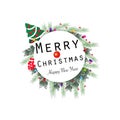 ``Merry Christmas and happy new year`` text wreath round frame. Happy new year greeting colorful light bulb Royalty Free Stock Photo