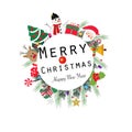 ``Merry Christmas and happy new year`` text wreath round frame. Happy new year greeting colorful light bulb, snow man Royalty Free Stock Photo