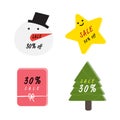 Merry Christmas and Happy new year theme banner and discount tag sale banner like snow man, tree, present and element design for s Royalty Free Stock Photo