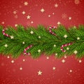 Merry Christmas and Happy New Year. Christmas Tree Branches Decorated with Golden Stars and Snowflakes and Candy Canes Royalty Free Stock Photo