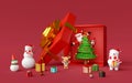 Merry Christmas and Happy New Year, Christmas tree in gift box with Christmas ornament, Celebration with Santa Claus and friend Royalty Free Stock Photo