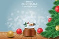 Merry Christmas and Happy New Year with tree and snowman crystal ball background. banner vector illustration Royalty Free Stock Photo