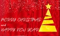 Merry Christmas and Happy New Year. Christmas tree in the style of a poly triangle on a bright red background with text and stars. Royalty Free Stock Photo