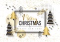 Merry Christmas and Happy New Year. Trendy background with Golden trees and geometric designs . Poster, card, label, banner design