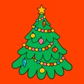 Merry Christmas and Happy New year trendy retro cartoon characters. Groovy hippie Christmas tree. Vector Cartoon