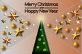 Merry christmas Happy new year triangle pine tree design in retro geometry style with gold and pastel color on texture