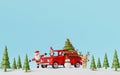 Merry Christmas and Happy New Year, Christmas truck with Santa Claus and friends in pine forest Royalty Free Stock Photo