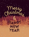 Merry Christmas and Happy New Year. Typographic grunge vintage Christmas card design with winter landscape. Retro vector Royalty Free Stock Photo