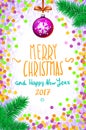 Merry Christmas and Happy New Year 2017 typographic text on winter background with red bow, snow and snowflakes. confetti Greeting Royalty Free Stock Photo