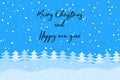 Merry Christmas and Happy New Year typography on winter landscape with fir trees and snow Royalty Free Stock Photo