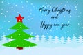 Merry Christmas and Happy New Year typography on winter landscape with fir trees and snow Royalty Free Stock Photo