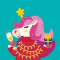 Merry Christmas and Happy new year unicorn with star, glass of champagne, sweater and present. Cute horse with horn and pink mane