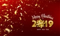 Merry Christmas and 2019 Happy New Year vector background with golden gift bow, confetti, glitter numbers. Xmas Royalty Free Stock Photo
