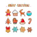 Merry christmas and happy new year vector banner. Gingerbread cookies concept. Different winter elements: snowflakes, gingerbread