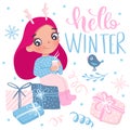 Merry Christmas and Happy New Year 2019 vector card. Little girl Royalty Free Stock Photo