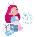 Merry Christmas and Happy New Year 2019 vector card. Little girl Royalty Free Stock Photo