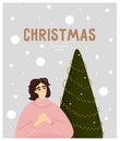 Merry Christmas and Happy New Year. Vector flat poster in cartoon style with woman, snow and tree. Decorating a Christmas tree at