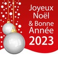 Merry Christmas and Happy New Year 2023. French language. Red Vector greeting card. Royalty Free Stock Photo