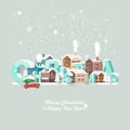 Merry Christmas and a Happy New Year vector greeting card in modern flat design. Christmas town. Snowy landscape with red car Royalty Free Stock Photo