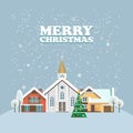 Merry Christmas and a Happy New Year vector greeting card in modern flat design. Christmas town. Snowy landscape Royalty Free Stock Photo