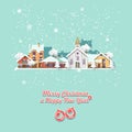 Merry Christmas and a Happy New Year vector greeting card in modern flat design. Christmas town. Royalty Free Stock Photo