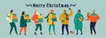 Merry Christmas and happy New year vector greeting card with winter games and people. Celebration template with playing cute peopl Royalty Free Stock Photo